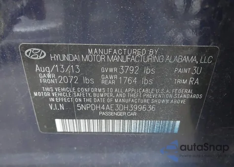 2013 Hyundai Elantra Gls из США, поврежденный, VIN 5NPDH4AE3DH399636
